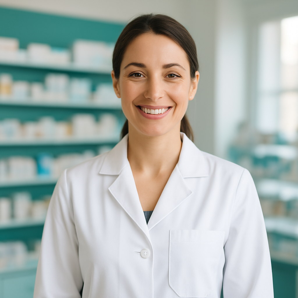 A friendly pharmacist in a modern pharmacy